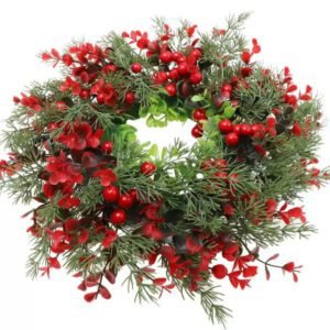 Christmas  wreath with red berries and red leaves