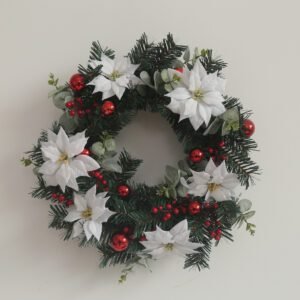Christmas holiday wreath of woven artificial flowers